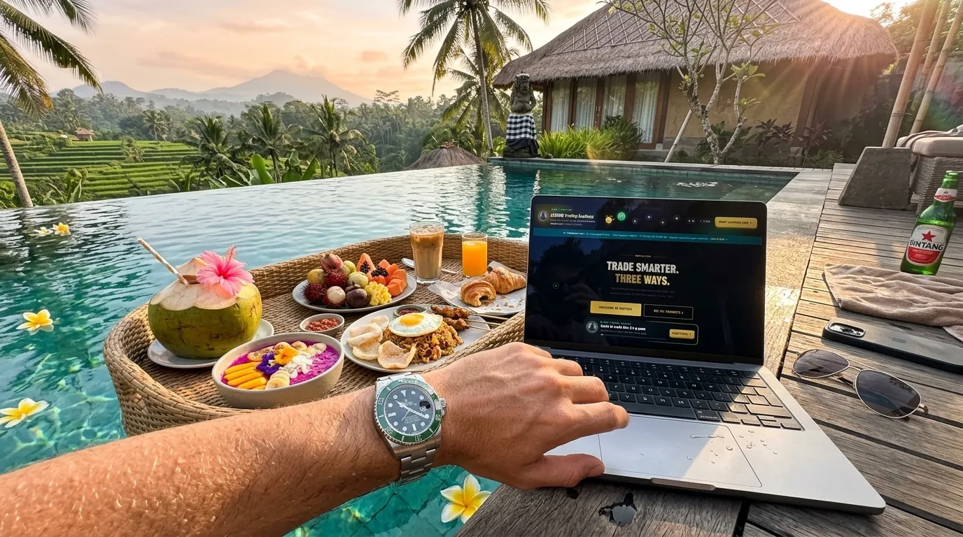 Laptop with the RedPillPips website open in Ubud, Bali