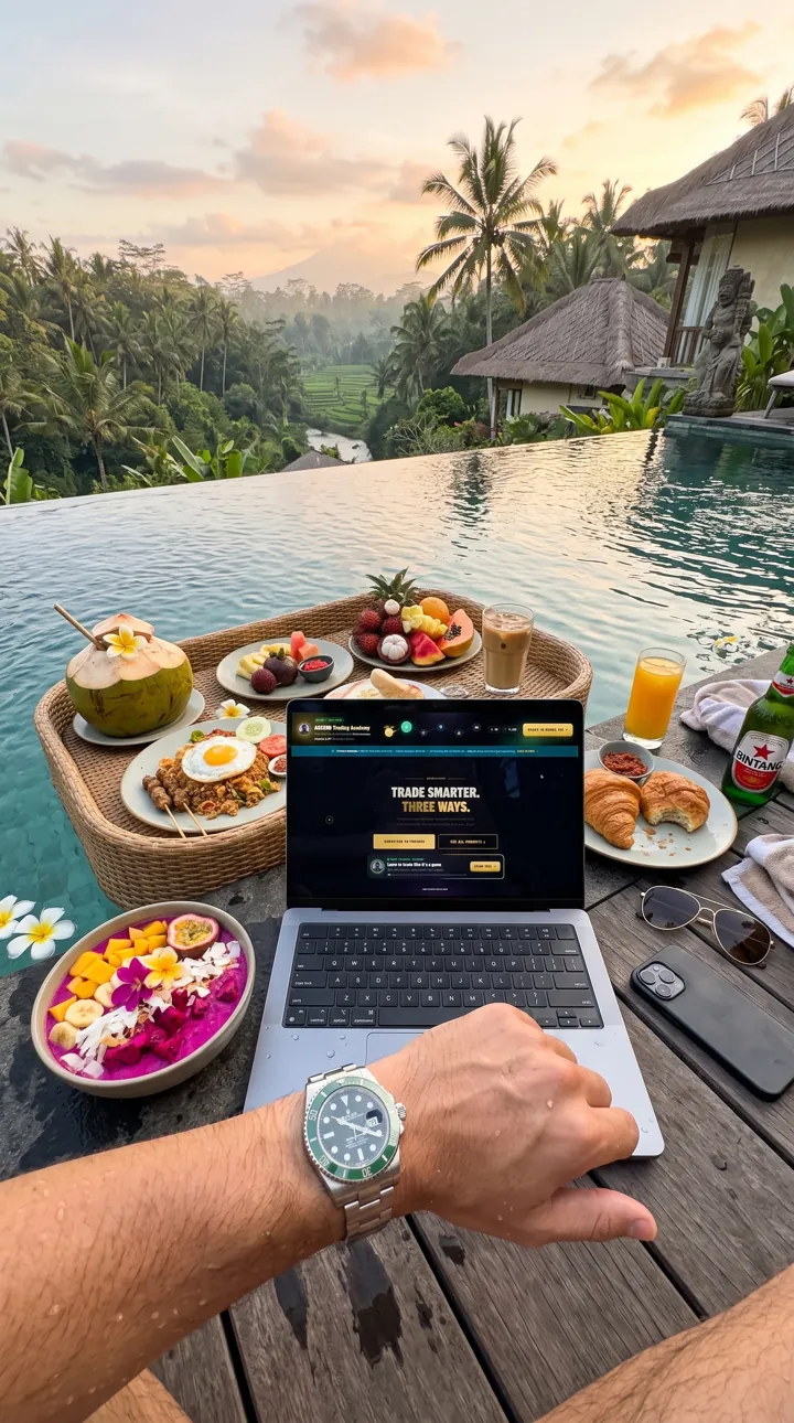 Laptop with the RedPillPips website open in Ubud, Bali