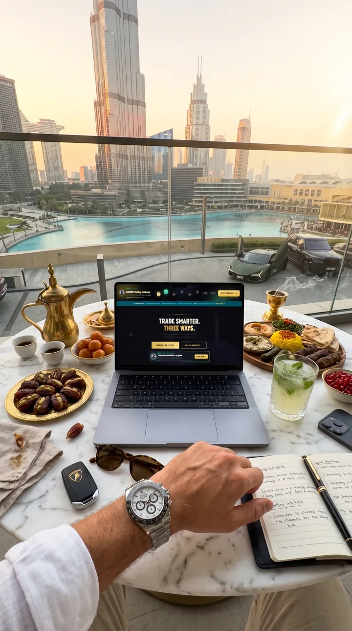 Laptop with the RedPillPips website open in Downtown Dubai, UAE