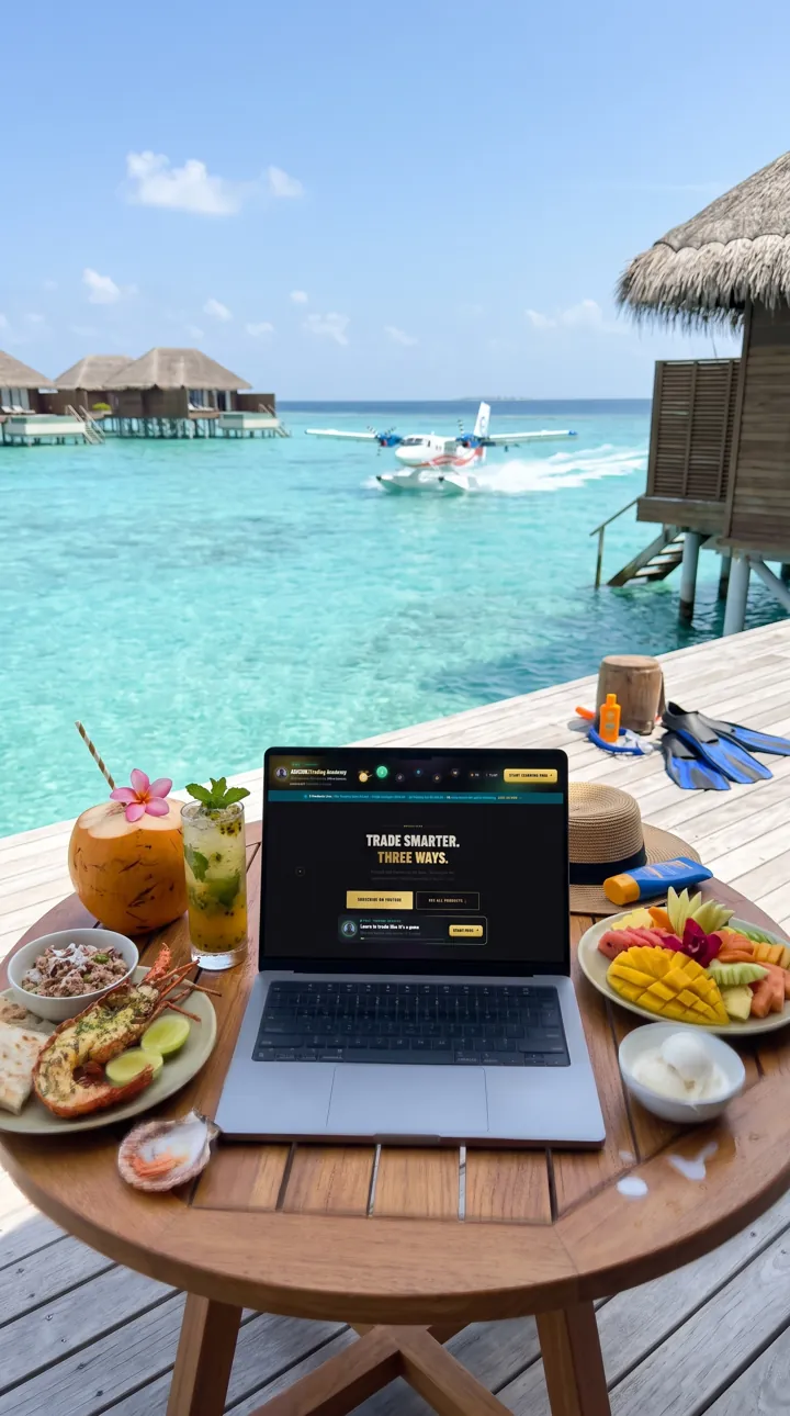 Laptop with the RedPillPips website open in Baa Atoll, Maldives
